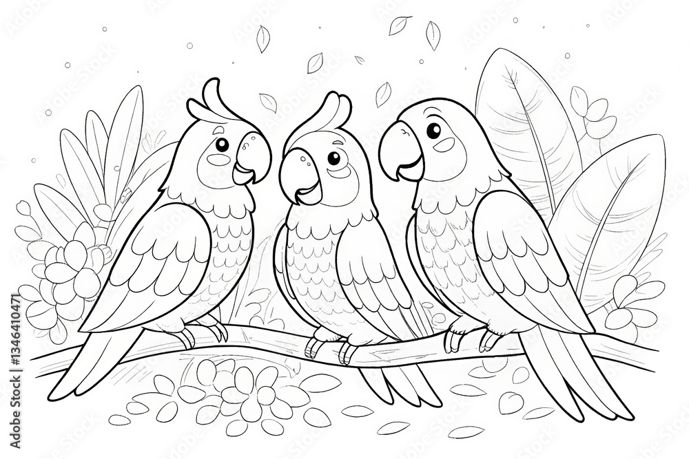 Obraz premium Tropical animal theme, Three outlined parrots perched on a branch surrounded by foliage. Outline for coloring
