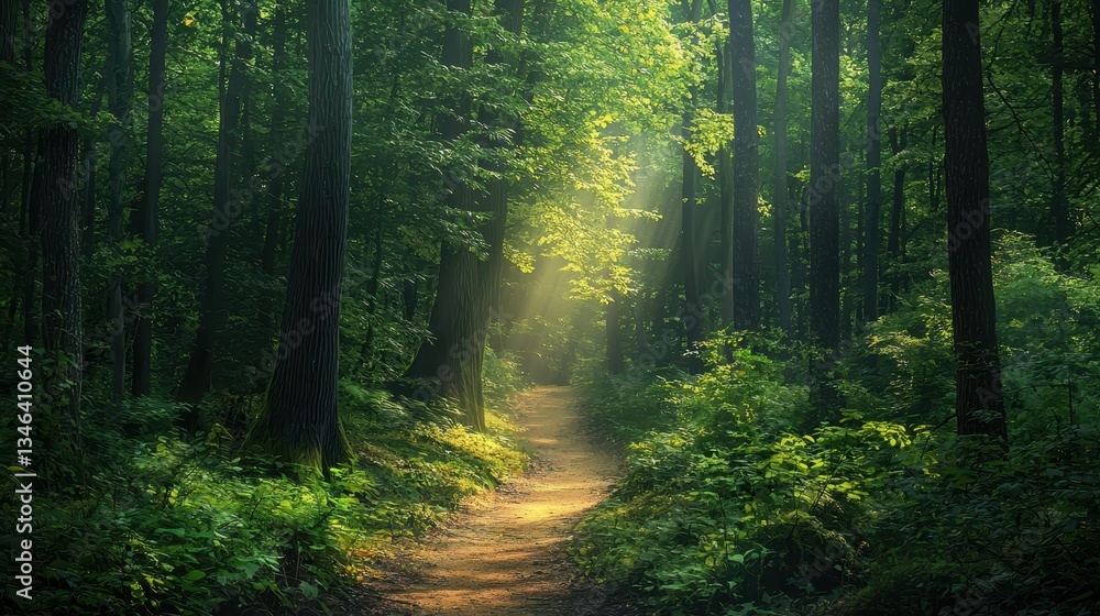 Obraz premium Serene Sunlight Filtering Through Lush Green Forest Pathway