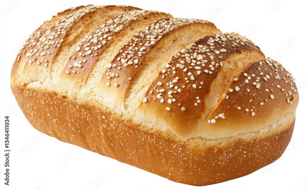 Freshly baked bread loaf with sesame seeds and a golden crust displayed on a white background Freshly baked bread loaf with sesame seeds and a golden crust displayed on a white background