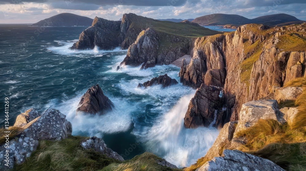 Fototapeta premium Dramatic Coastal Landscape with Waves Crashing on Rocky Cliffs