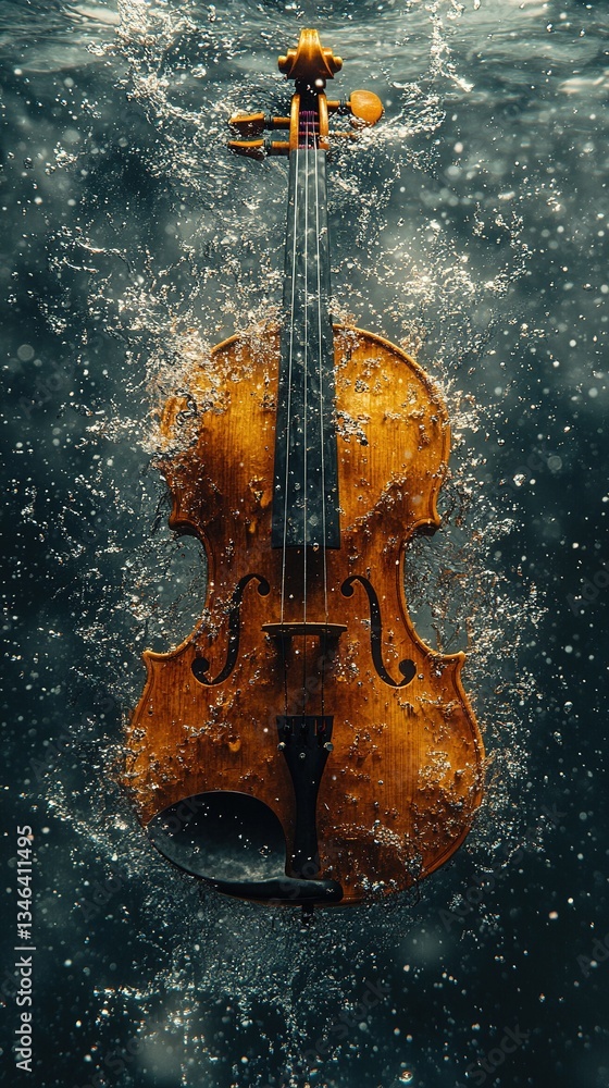Fototapeta premium Violin submerged in water, enveloped by splashing ripples and bubbles