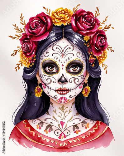 Watercolor clipart of a stunning Latina woman in Día de los Muertos style, with intricate sugar skull makeup, a red rose and marigold crown, and traditional Mexican jewelry, isolated on white backgrou