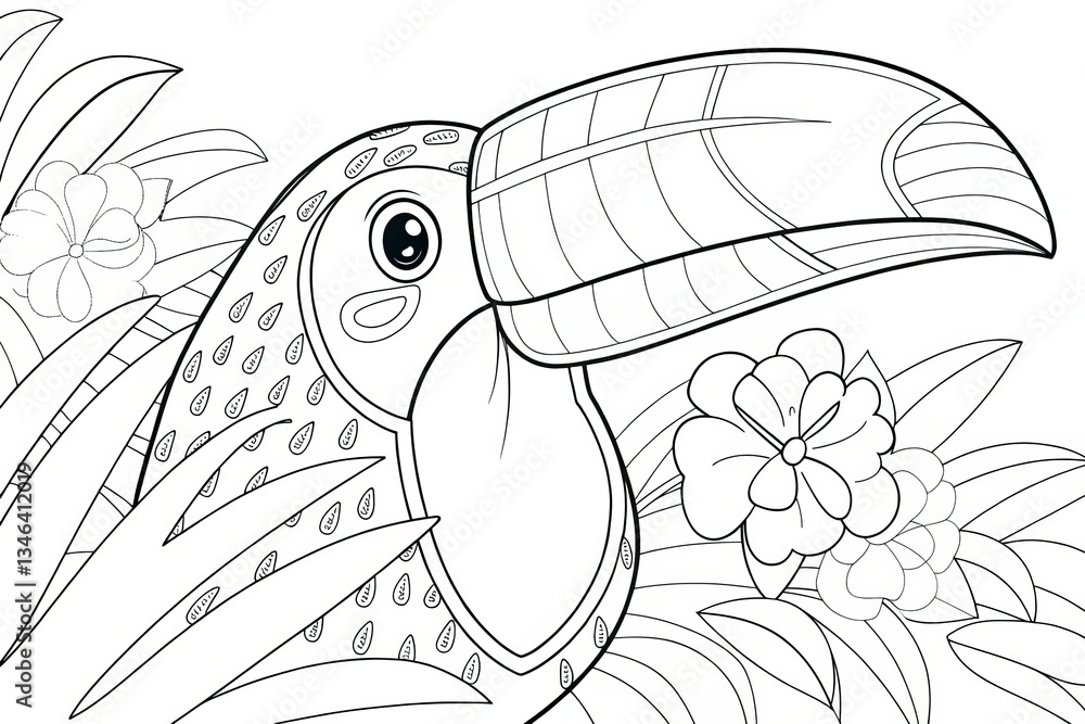 Fototapeta premium Tropical animal theme, Toucan illustration surrounded by tropical plants and flowers in a coloring book style. Outline for coloring