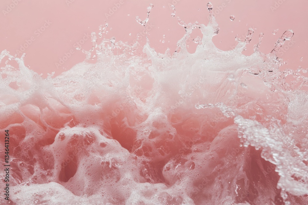 Fototapeta premium Close up view of pink liquid splashing with foam against a light pink solid background