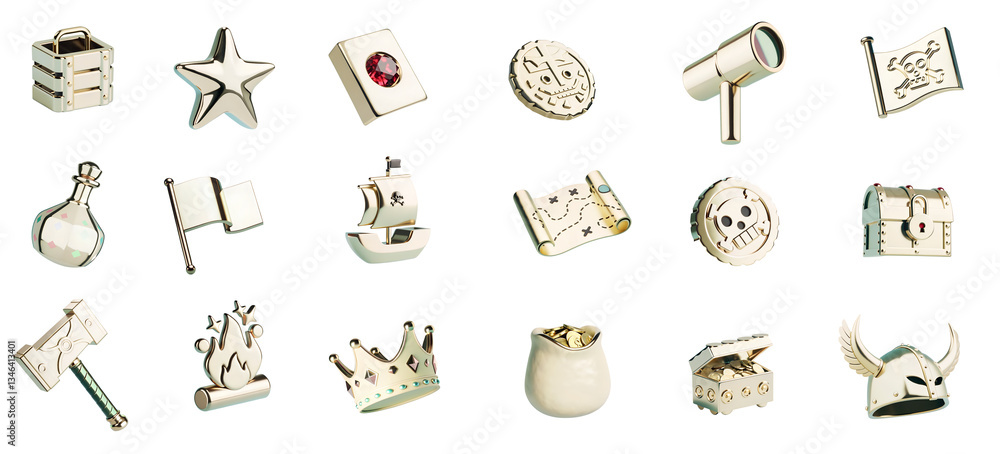 Obraz premium 3D golden and chrome assets for games, pirates and igaming, iconset