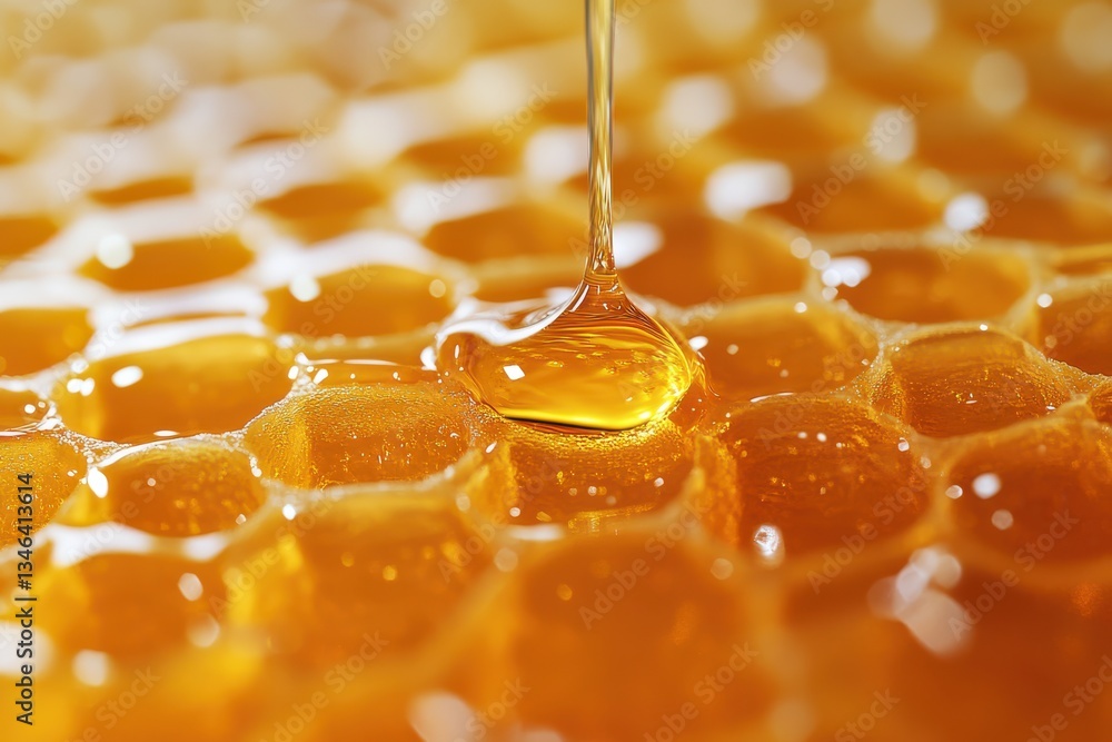 Honey dripping from a honeycomb on a yellow background