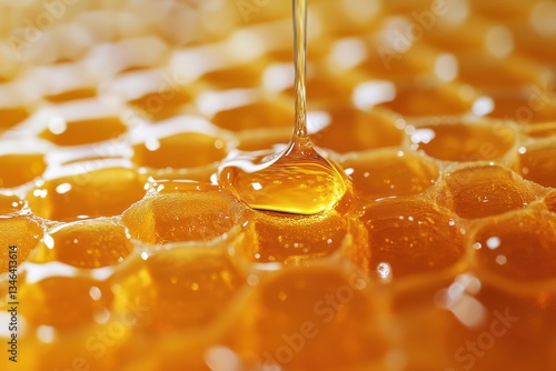 Obraz na płótnie Honey dripping from a honeycomb on a yellow background w salonie
