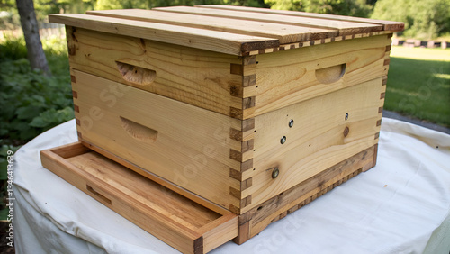 Apiary Hive: A close-up of a wooden apiary hive with visible joinery and a drawer, highlighting beekeeping structure.