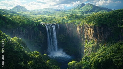 Scenic Waterfall Surrounded by Lush Green Forest and Mountains