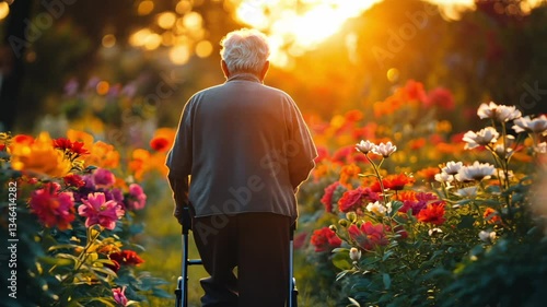 Elderly person walking through a vibrant flower garden at sunset in a serene location