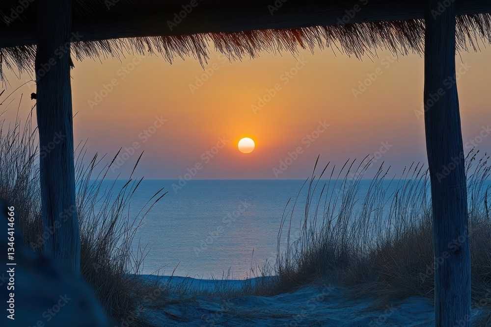Beautiful sunset over the sea with sandy dunes.