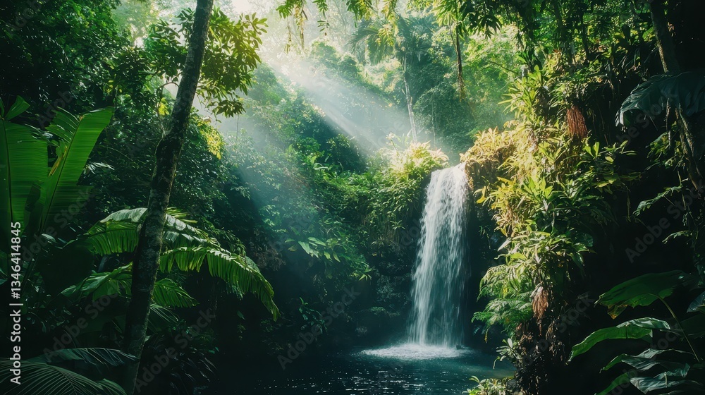 Fototapeta premium Serene Waterfall Cascading into Lush Tropical Rainforest Scene