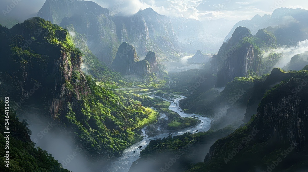Obraz premium Serene Landscape with Rolling Mountains and Lush Greenery