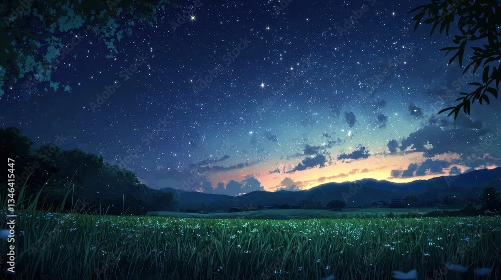 Naklejka premium Starry Night Sky Over Green Field and Distant Mountains at Dusk