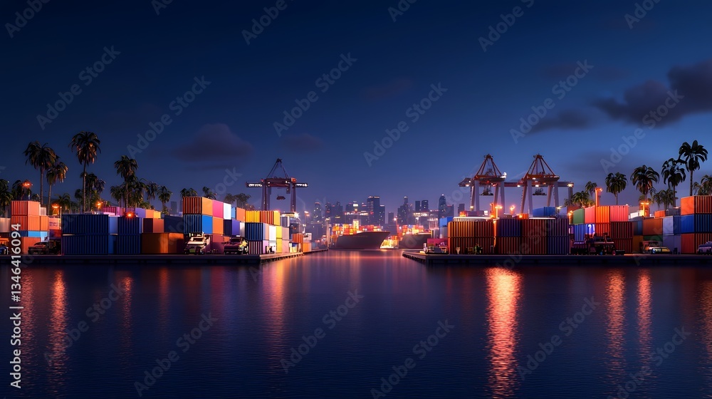 Futuristic Autonomous Shipping Port at Night with Neon Lights and Glowing Cityscape Reflection Futuristic Autonomous Shipping Port at Night with Neon Lights and Glowing Cityscape Reflection