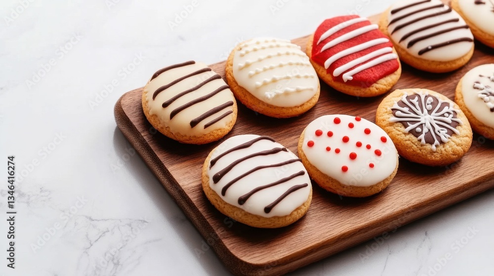 Obraz premium Festive holiday cookies with colorful icing patterns on wooden tray