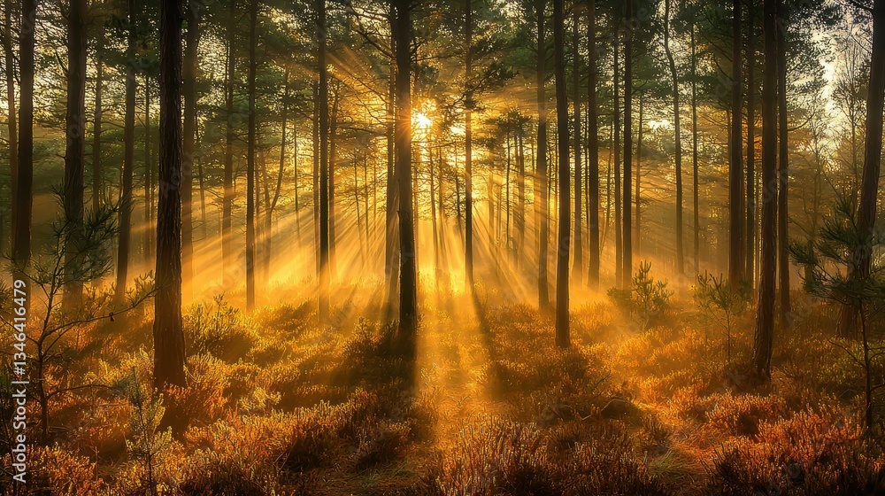 Serene Forest with Sunlight Streaming Through Trees at Dawn Serene Forest with Sunlight Streaming Through Trees at Dawn