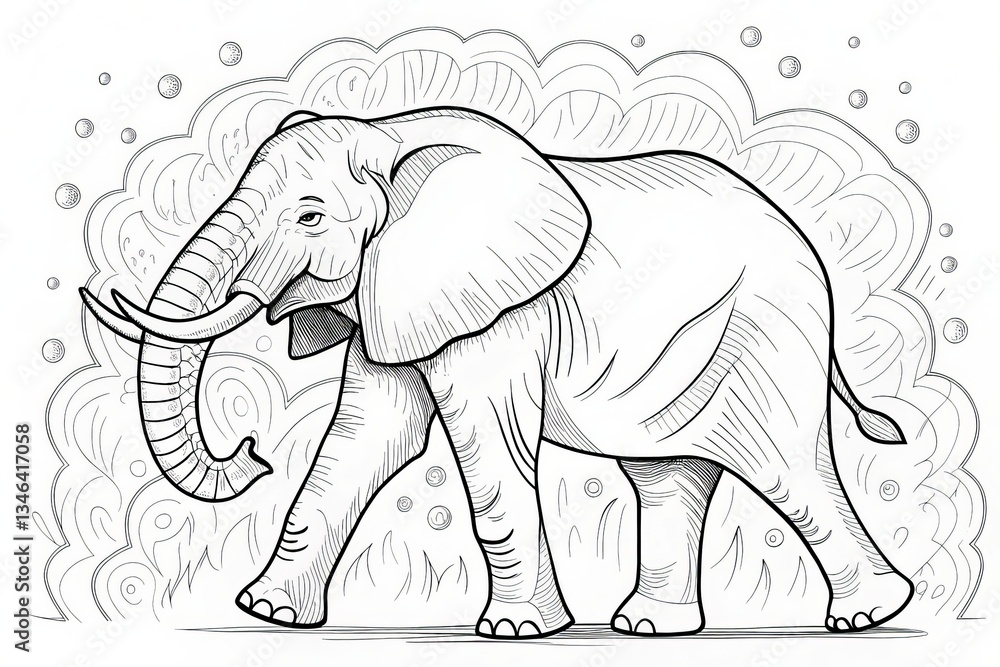 Naklejka premium Safari animal theme, Illustration of an elephant with a decorative background. Outline for coloring