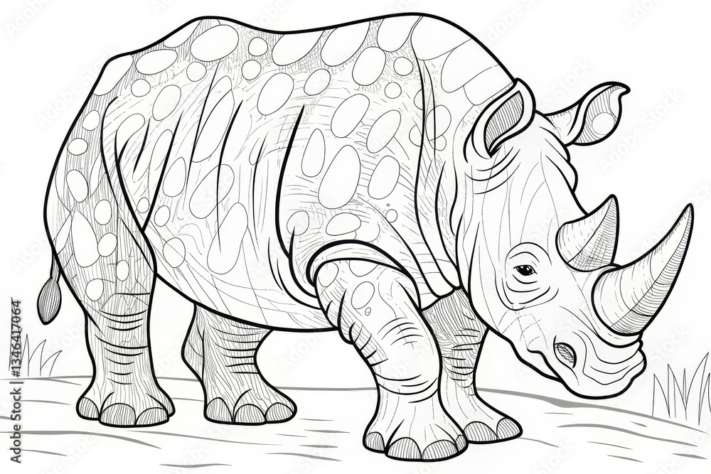 Fototapeta premium Safari animal theme, Outlined rhinoceros with unique patterns in a natural setting. Outline for coloring