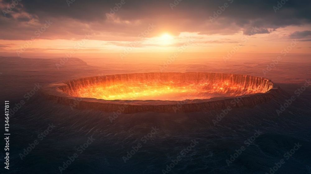 Fototapeta premium Ancient Impact Crater Reveals Glowing Geological Layers in Desert Landscape, Evoking Scientific Discovery