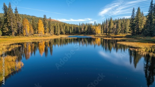 Tranquil Autumn Lake Reflected Trees and Clear Blue Sky Scene