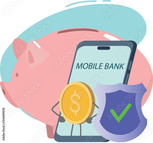 Reliable protection of money, financial security. Mobile banking, piggy bank, accumulation of deposit vector illustration