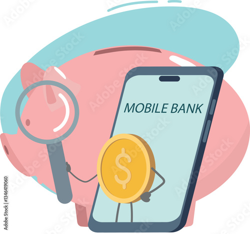 Vector illustration concept internet banking. Piggy bank, finding answers to questions, saving money