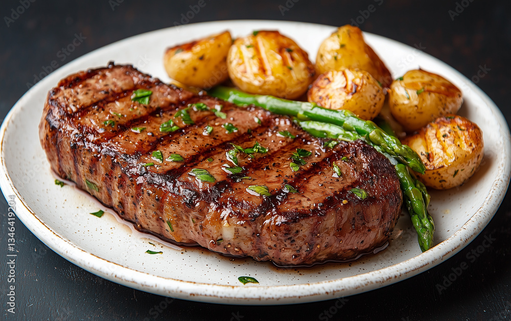 Grilled Steak with Roasted Potatoes and Asparagus on Plate, Dark Background Grilled Steak with Roasted Potatoes and Asparagus on Plate, Dark Background