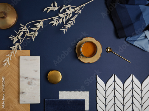Foto Elegant navy and gold material mood board with marble, brass, and fabric textures