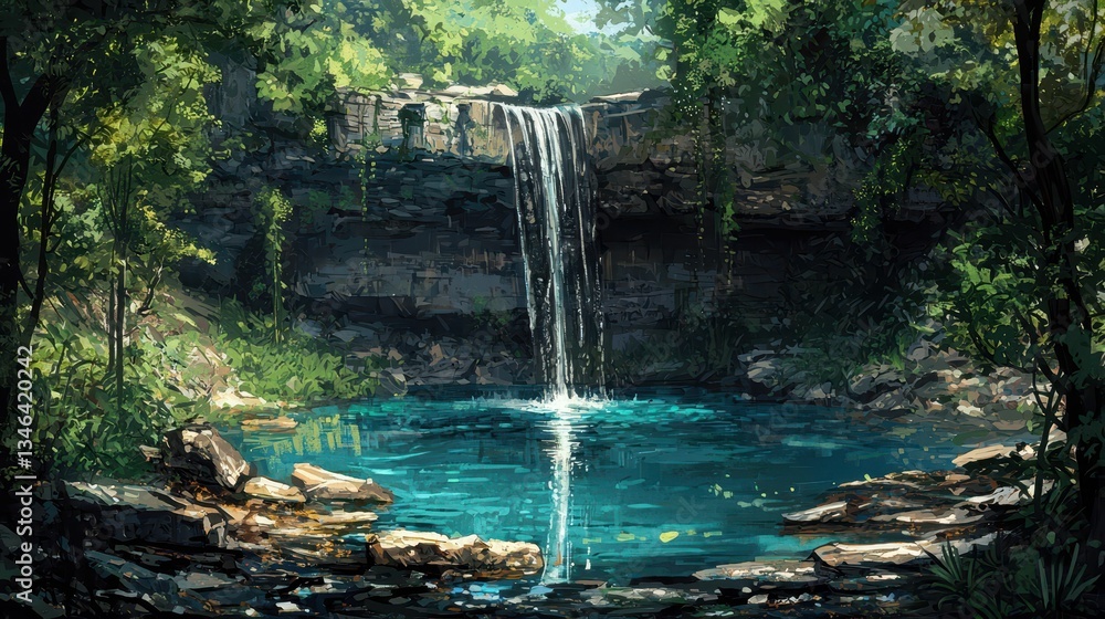 Naklejka premium Serene Waterfall Surrounded by Lush Greenery in a Tranquil Forest