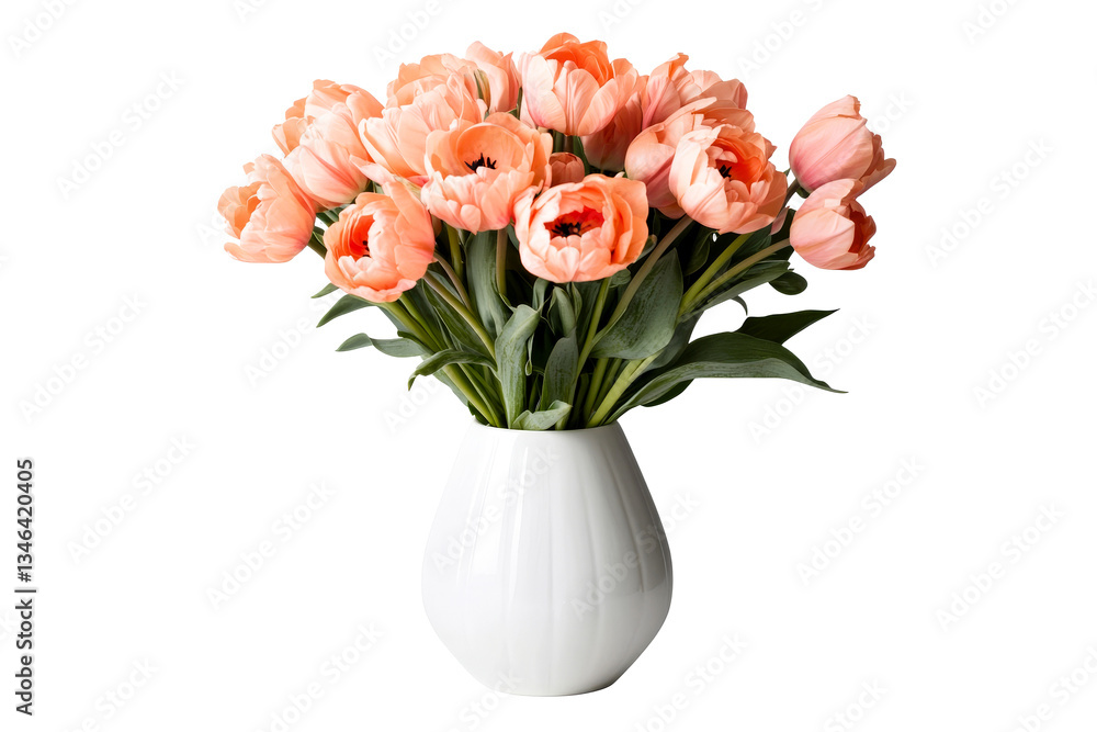 Elegant bouquet of peach tulips in a white vase with greenery Elegant bouquet of peach tulips in a white vase with greenery