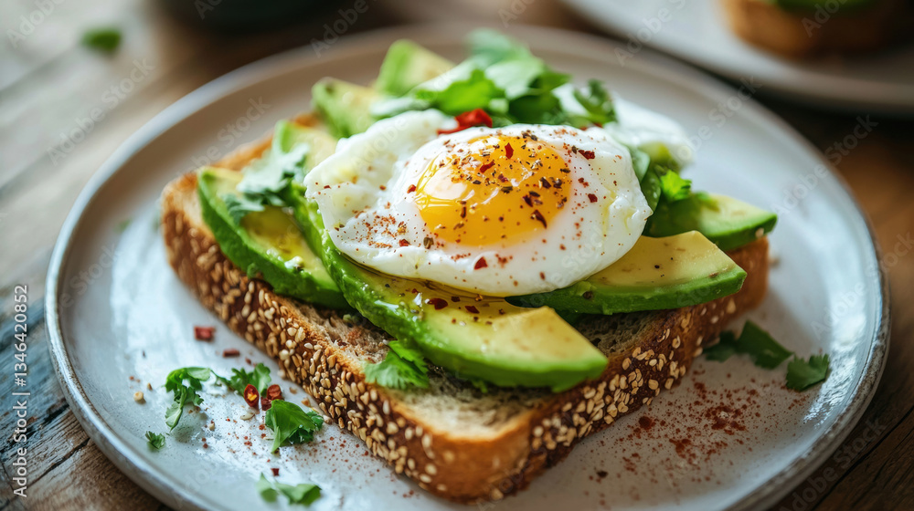 Minimalist avocado toast on whole grain bread with poached egg and chili flakes, light wooden table, clean healthy breakfast aesthetic, soft light Minimalist avocado toast on whole grain bread with poached egg and chili flakes, light wooden table, clean healthy breakfast aesthetic, soft light