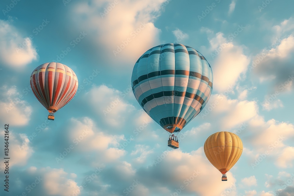 Fototapeta premium Hot Air Balloon Soaring Skyward with Yellow Balloons Trailing Behind. Cinematic Quality, Ultra-Realistic Scene of Cloudy Skies.