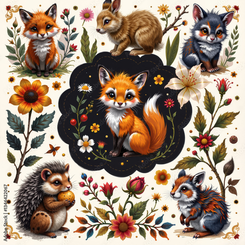 Playful Woodland Animals Gathering Joyfully Among Autumn Flowers Playful Woodland Animals Gathering Joyfully Among Autumn Flowers