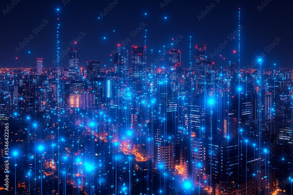 An aerial view of an illuminated urban cityscape at night. An aerial view of an illuminated urban cityscape at night.