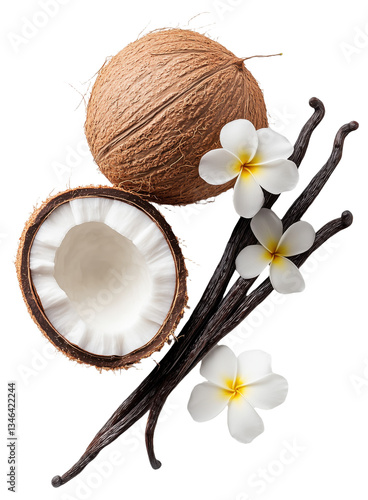 Coconut, vanilla pods, and white flowers arranged together