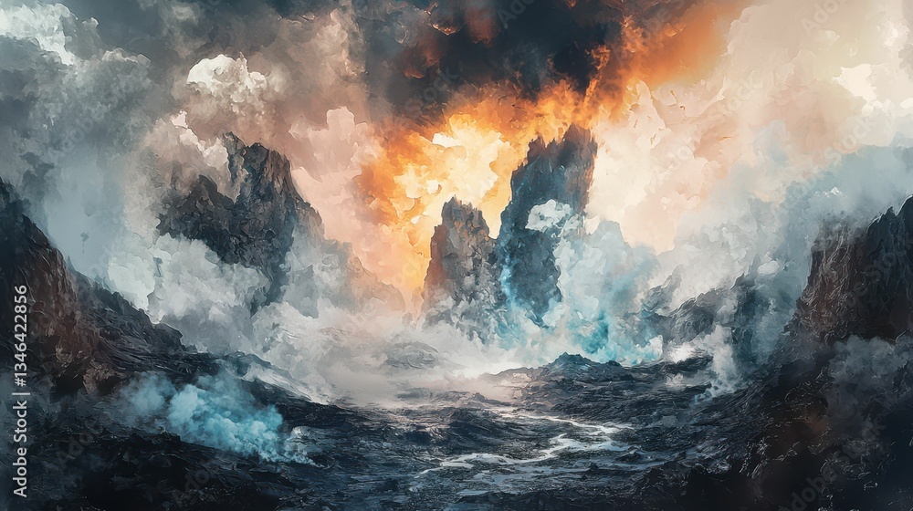 Fototapeta premium Dramatic Landscape with Fiery Skies and Mystical Mountain Peaks