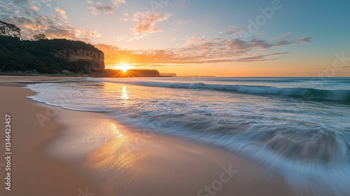 Serene Sunset Over Calm Beach with Gentle Waves and Soft Colors