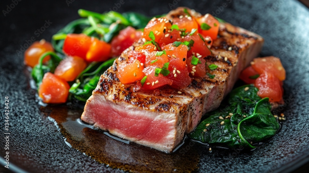 Grilled steak with vegetables and herbs on a plate, perfect for restaurant menus, cookbooks or healthy eating blogs. Grilled steak with vegetables and herbs on a plate, perfect for restaurant menus, cookbooks or healthy eating blogs.