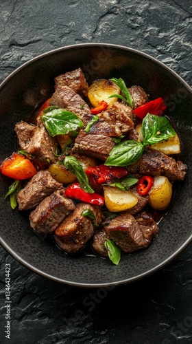 Culinary photo of roasted meat, chili peppers and herbs on a black plate, perfect for recipes, cooking blogs and food advertising.