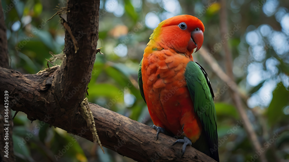Fototapeta premium Colorful Parrot Perched on Tree Branch in Lush Green Forest