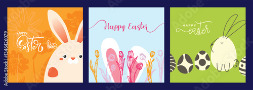 Playful Easter square designs with bunnies in the shape of eggs and hand drawn line art tulips. Set of saturated illustrations for social media, web and print projects. 