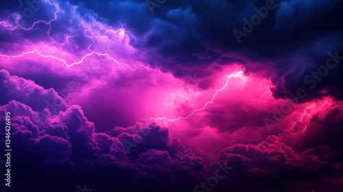 Dramatic clouds with lightning strike and vibrant pink glow create a surreal and ethereal skyscape