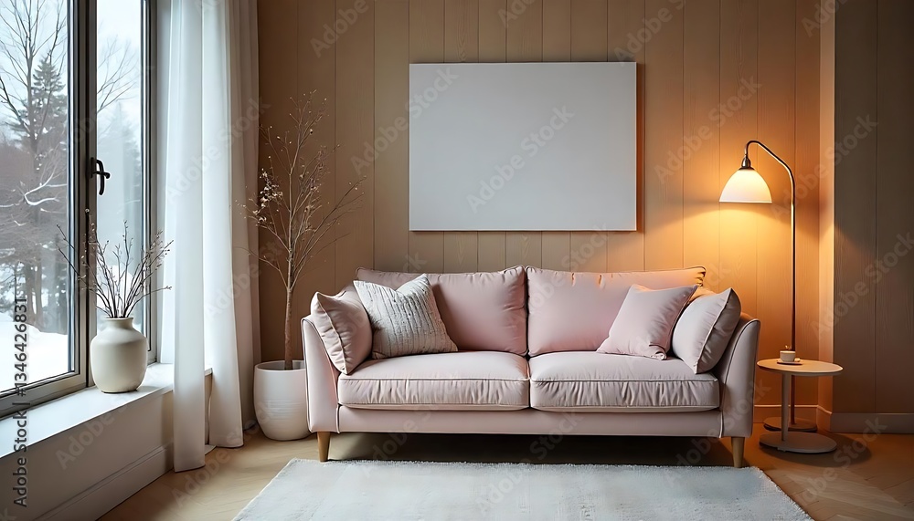 Fototapeta premium A modern interior living room with a pale pink sofa