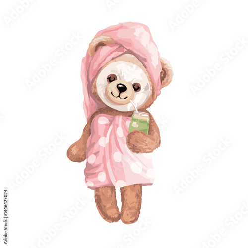 Cute bear doll with pink dots towel. Girly  bear with mask on face vector illustration. Happy teddy bear with green smoothie in hand.