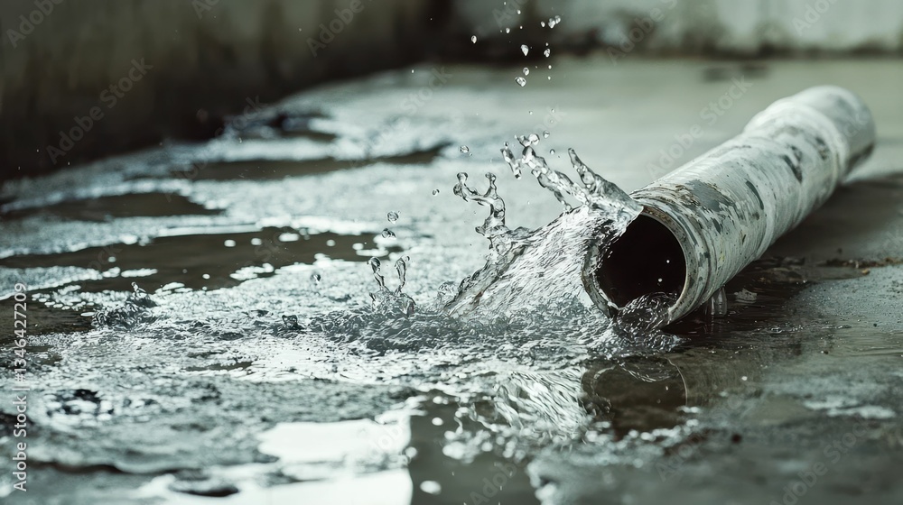 Water Flowing from Broken Pipe onto Wet Ground in Indoor Setting Water Flowing from Broken Pipe onto Wet Ground in Indoor Setting