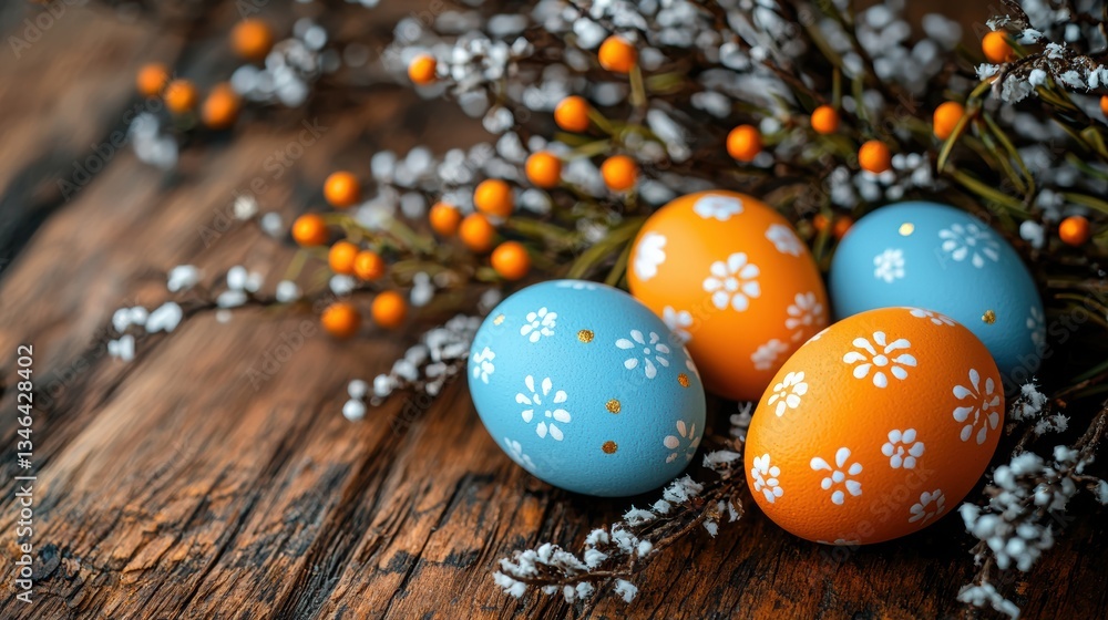 Obraz premium Colorful Easter eggs with golden patterns on a dark rustic wooden background.