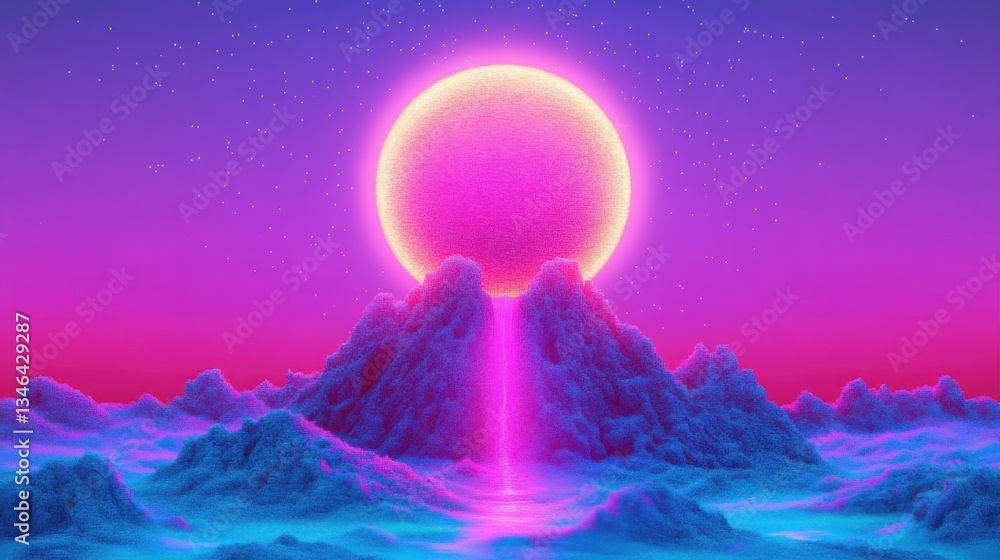 Fototapeta premium A vivid neon colored celestial orb above rolling textured landscapes