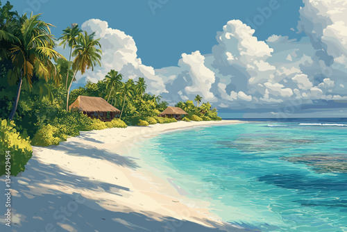 Tropical beach with soft white sand, turquoise water, and beachfront bungalows. A serene paradise with lush palm trees and a bright blue sky
