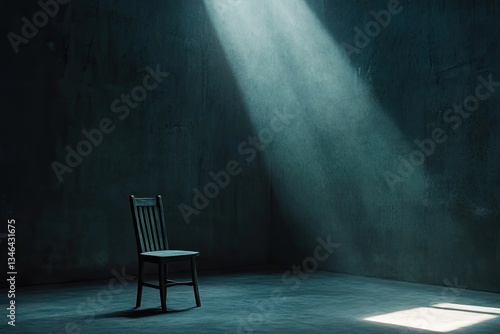 Empty room with single chair and light beams